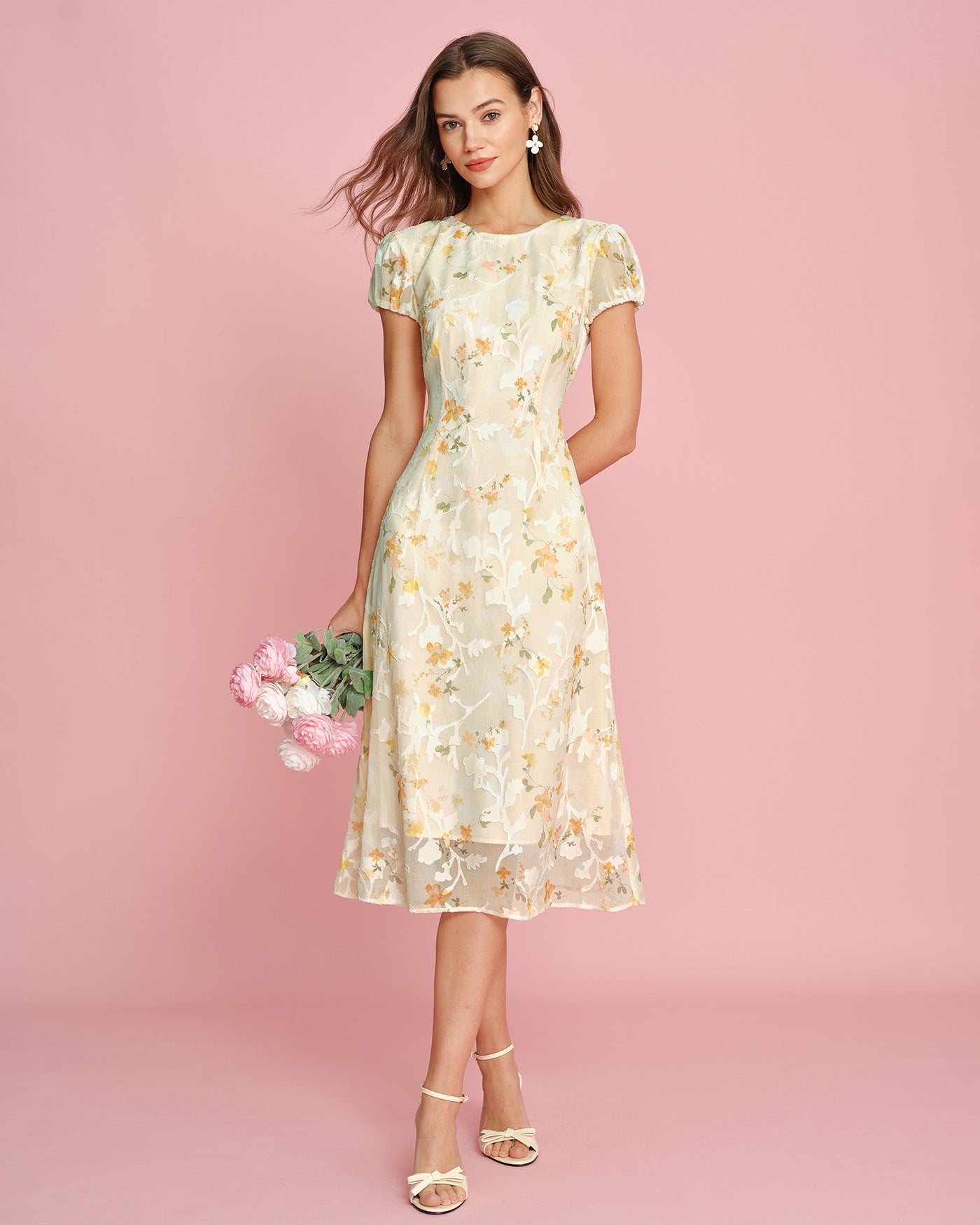 Yellow Puffed Sleeve Jacquard Midi Dress & Reviews - Yellow - Dresses