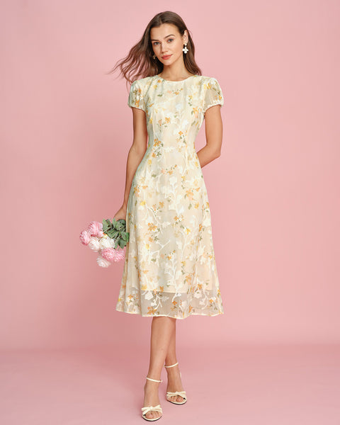 knee length dresses for ladies Yellow Puffed Sleeve Jacquard Midi Dress & Reviews - Yellow - Dresses
