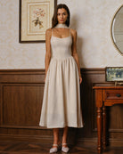 Women's Woven Polyester Midi Dresses Apricot Dresses - RIHOAS