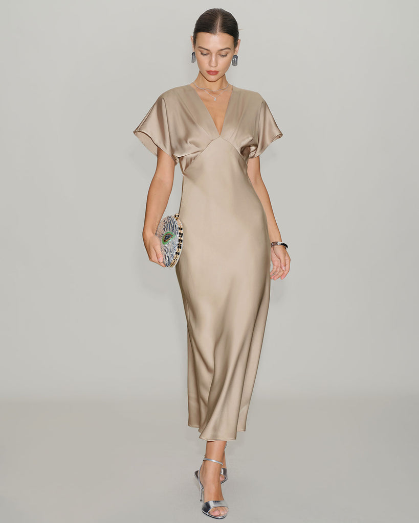 Women's Woven Polyester Midi Dresses Apricot Dresses - RIHOAS