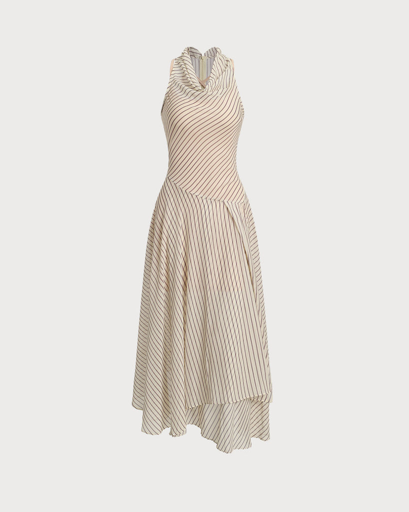 Beige Striped Cowl Neck Sleeveless Midi Dress - RIHOAS