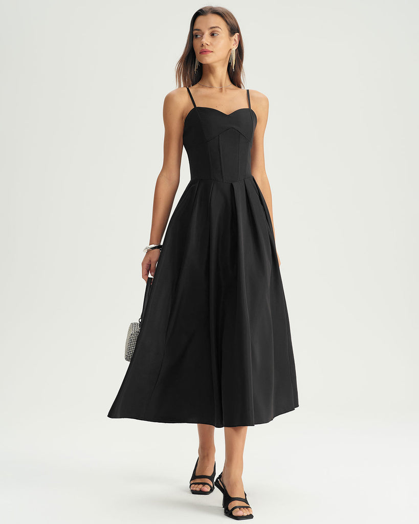 Women's Woven Polyester Midi Dresses Black Dresses - RIHOAS