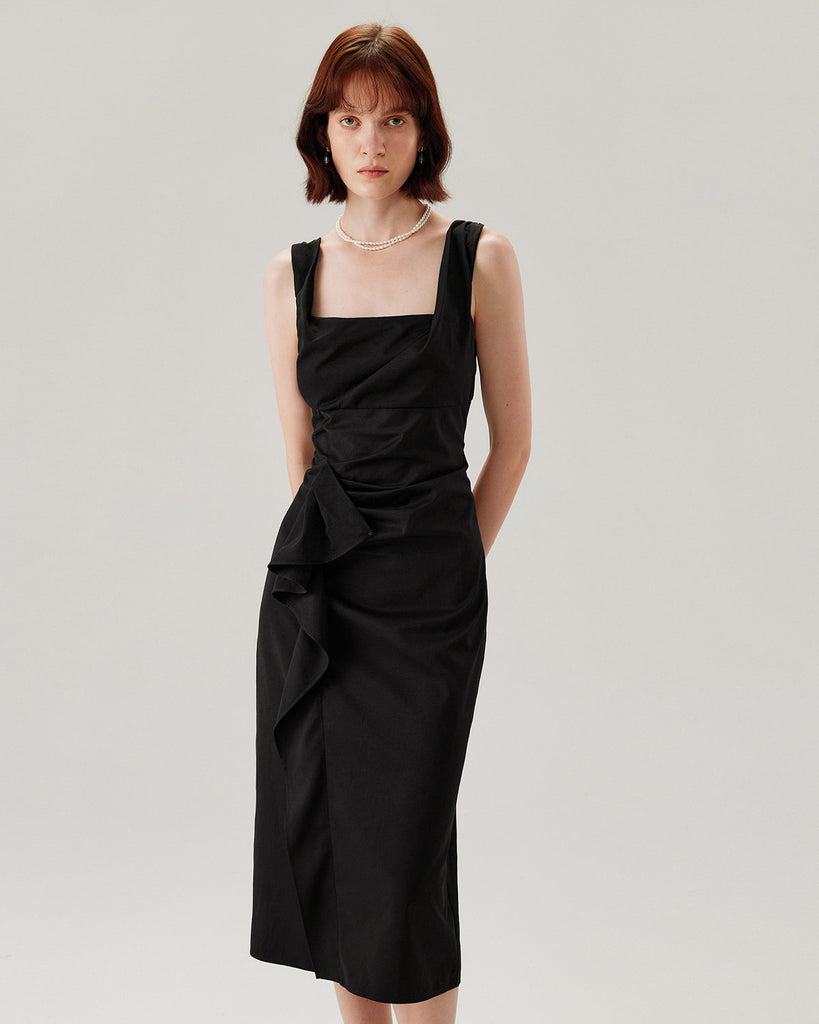Women's Woven Polyester Midi Dresses Black Dresses - RIHOAS