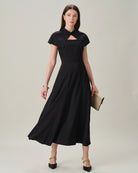 Women's Woven Polyester Midi Dresses Black Dresses - RIHOAS