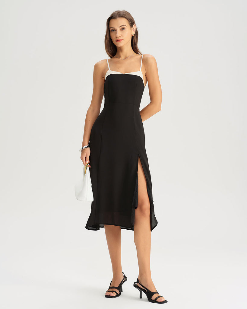 Women's Woven Polyester Midi Dresses Black Dresses - RIHOAS