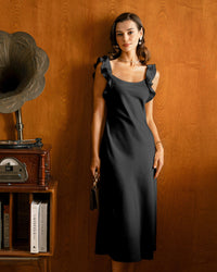 Women's Woven Polyester Midi Dresses Black Dresses - RIHOAS
