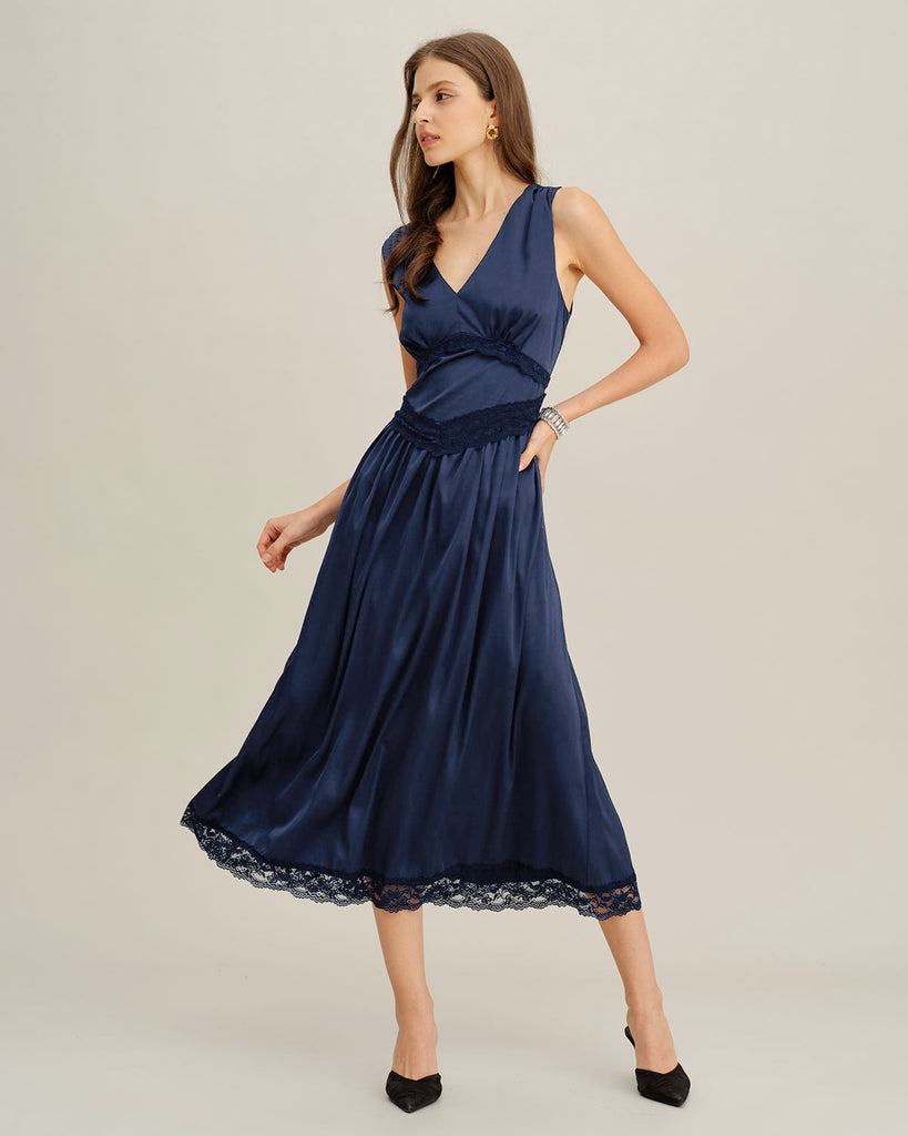 Women's Woven Polyester Midi Dresses Blue Dresses - RIHOAS