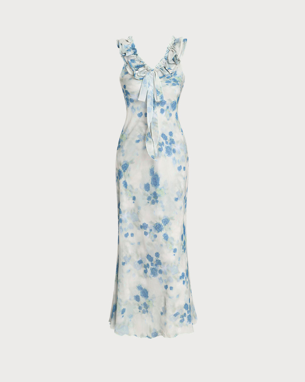 Blue Floral Ruffle Sleeveless Midi Dress - RIHOAS