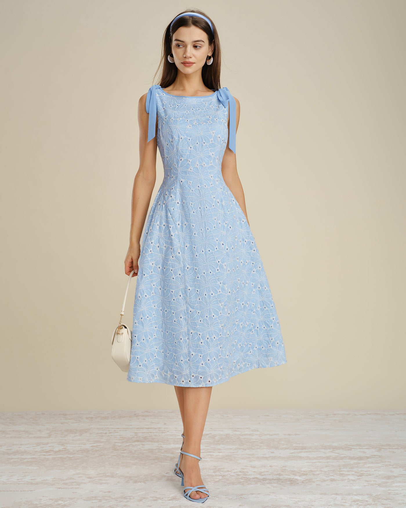 romantic afternoon embroidered midi dress blue Blue Boat Neck Embroidery Midi Dress