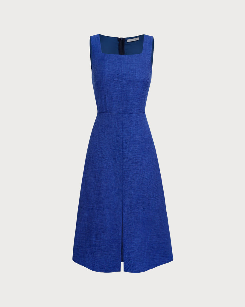 Blue Square Neck Pleated Sleeveless Midi Dress  - RIHOAS