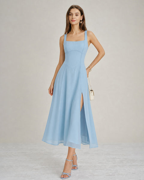 mid length dresses formal Rihoas Square Neck Sleeveless Chiffon Slit Smocked A Line Midi Dress, Blue / S Color:DarkSage Loafers for Men Discovering Your Dream Ethereal Natural 7