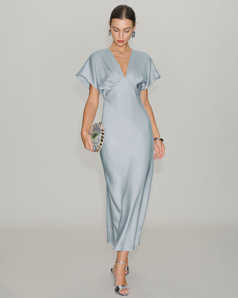 light blue satin dress with sleeves Rihoas Cowl Sleeve V-Neck Formal Midi Dress, / M Dress is partially lined COLOR:BLACK SEQUIN Black Court Train Beaded dragqueen