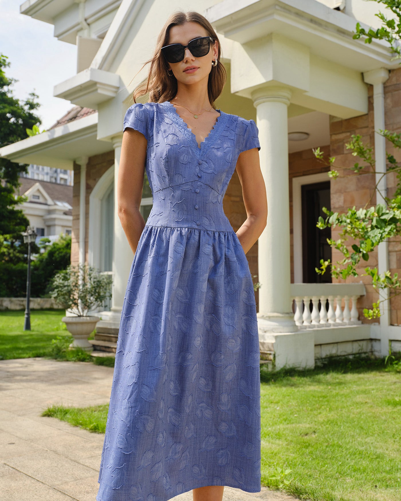 Women's Woven Polyester Midi Dresses Blue Dresses - RIHOAS