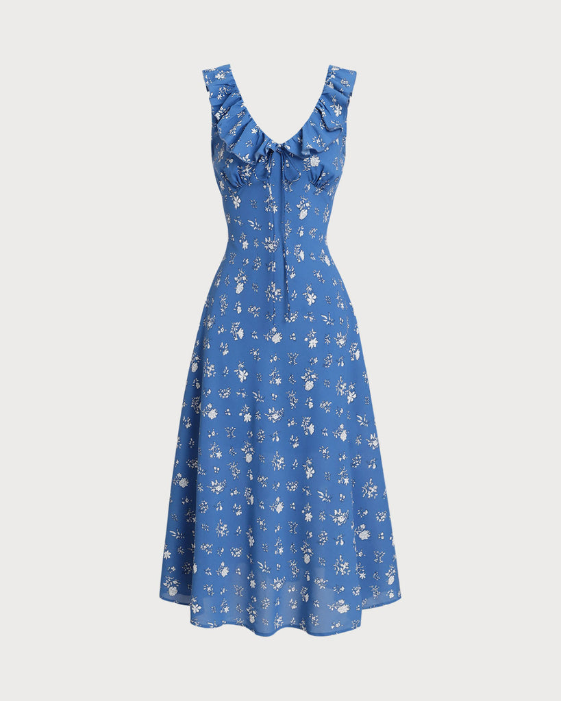 Blue Floral Ruffle Sleeveless Midi Dress - RIHOAS