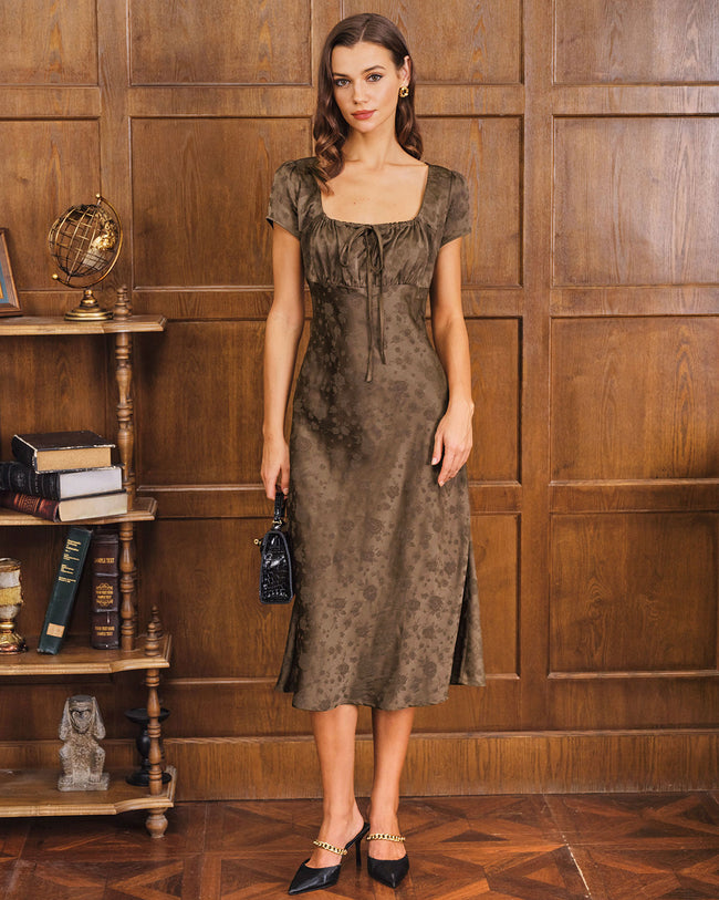 Women's Woven Polyester Midi Dresses Brown Dresses - RIHOAS