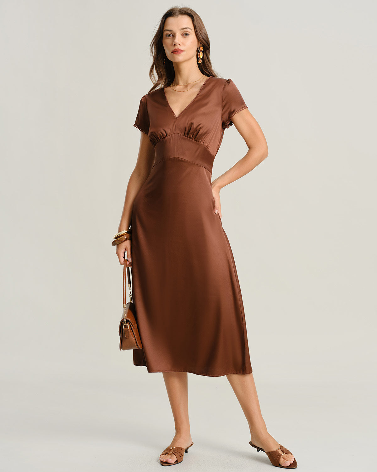 Women's Woven Polyester Midi Dresses Brown Dresses - RIHOAS