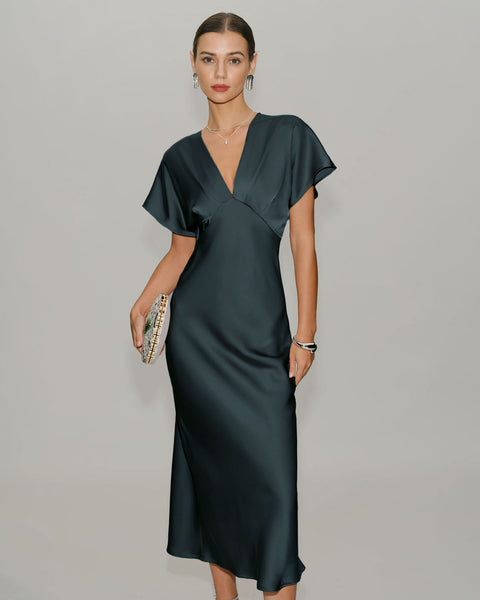 Rihoas Satin Cowl Sleeve V-Neck Formal Midi Dress, Grey Green / XL
