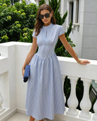 Blue Mock Neck Striped Midi Dress - RIHOAS - 03