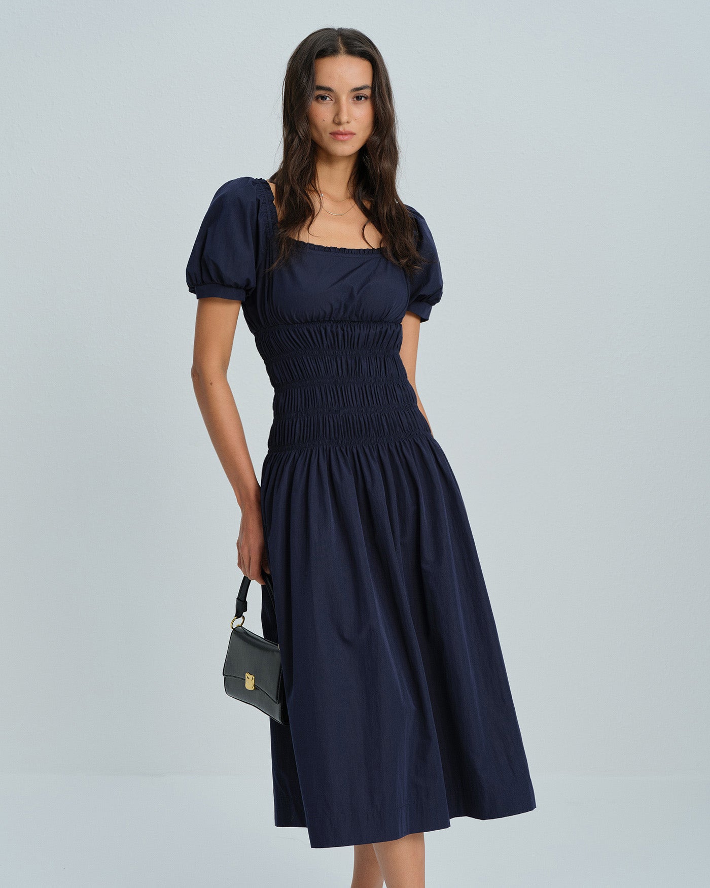 Blue Puffed Sleeve Shirred Midi Dress & Reviews - Blue - Dresses | RIHOAS Blue Puffed Sleeve Shirred Midi Dress & Reviews - Blue - Dresses | RIHOAS
