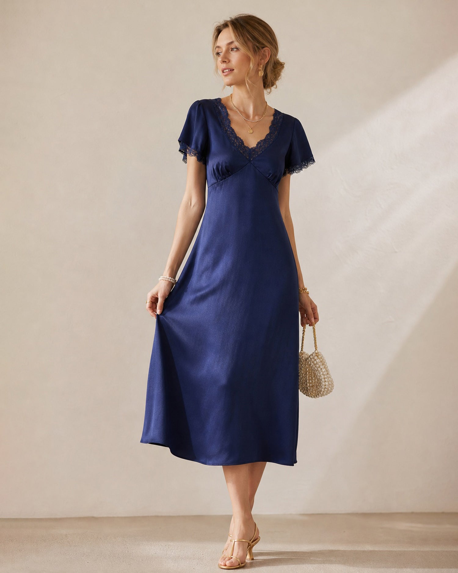 Navy V Neck Lace Satin Midi Dress - RIHOAS - 02