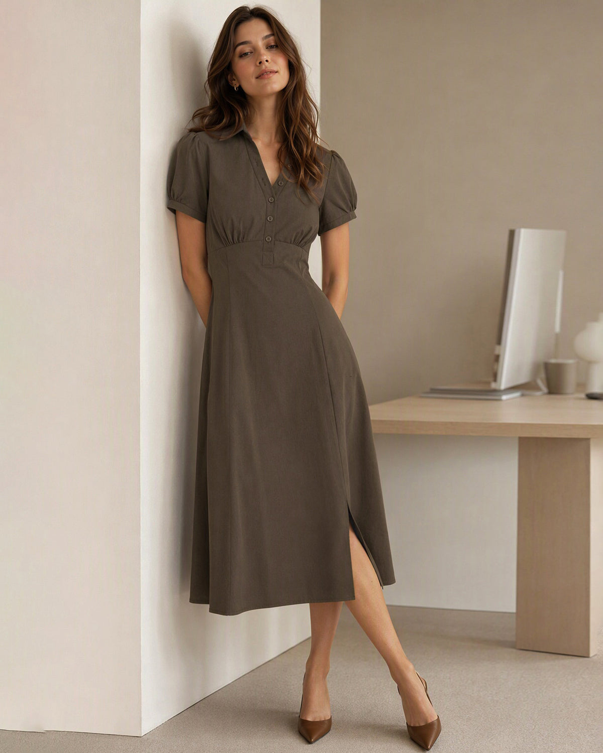 Women's Woven Polyester Midi Dresses - RIHOAS - 03