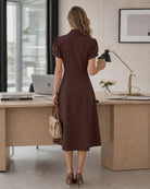 Brown Puffed Sleeve Ruched Midi Dress 04