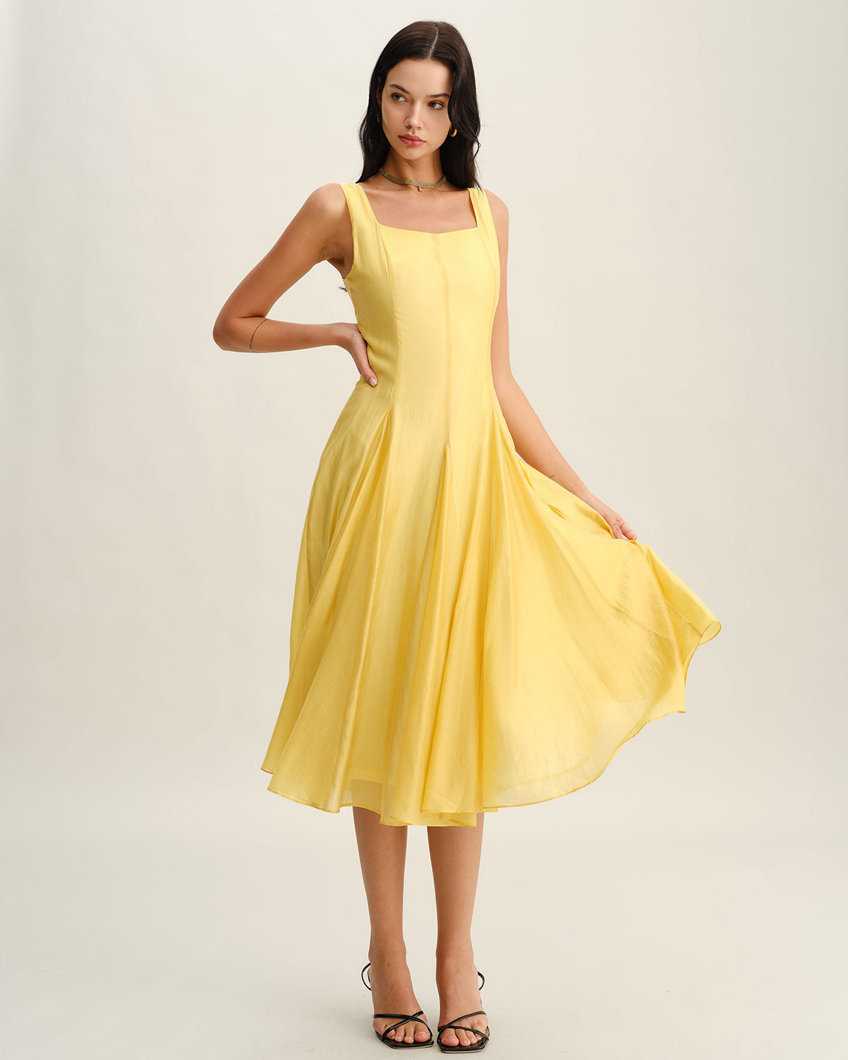 Yellow Square Neck Pleated Slip Midi Dress Yellow Square Neck Pleated Slip Midi Dress