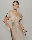 Apricot Satin V Neck A-Line Midi Dress - RIHOAS - 01