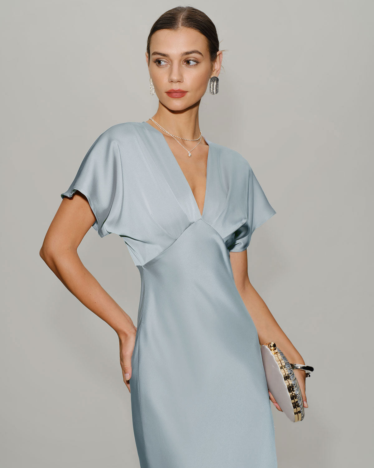 Blue V Neck Cowl Sleeve Satin Midi Dress & Reviews - Blue - Dresses | RIHOAS Blue V Neck Cowl Sleeve Satin Midi Dress & Reviews - Blue - Dresses | RIHOAS