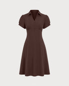 Brown Puffed Sleeve Ruched Midi Dress 05