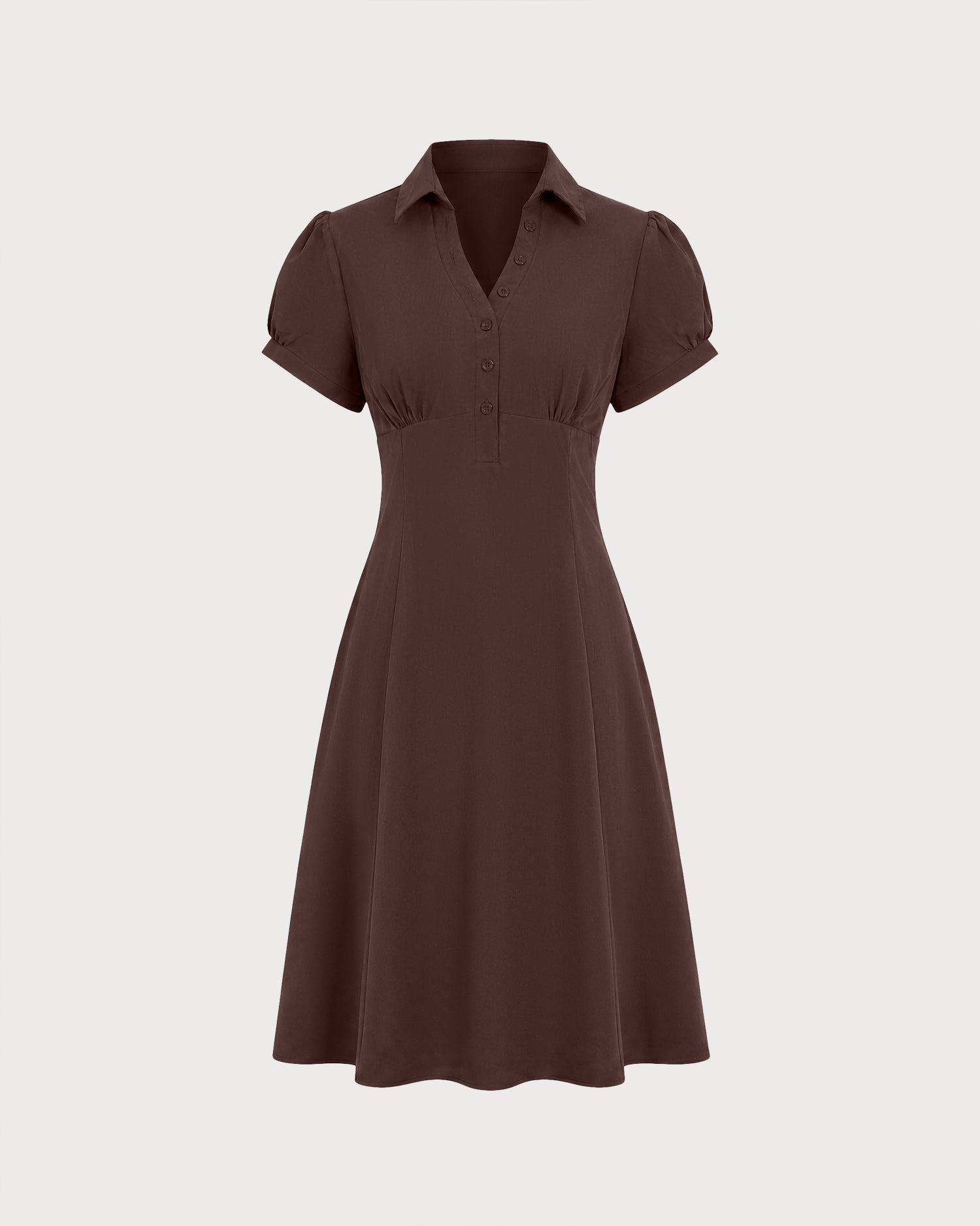 Brown Puffed Sleeve Ruched Midi Dress 05