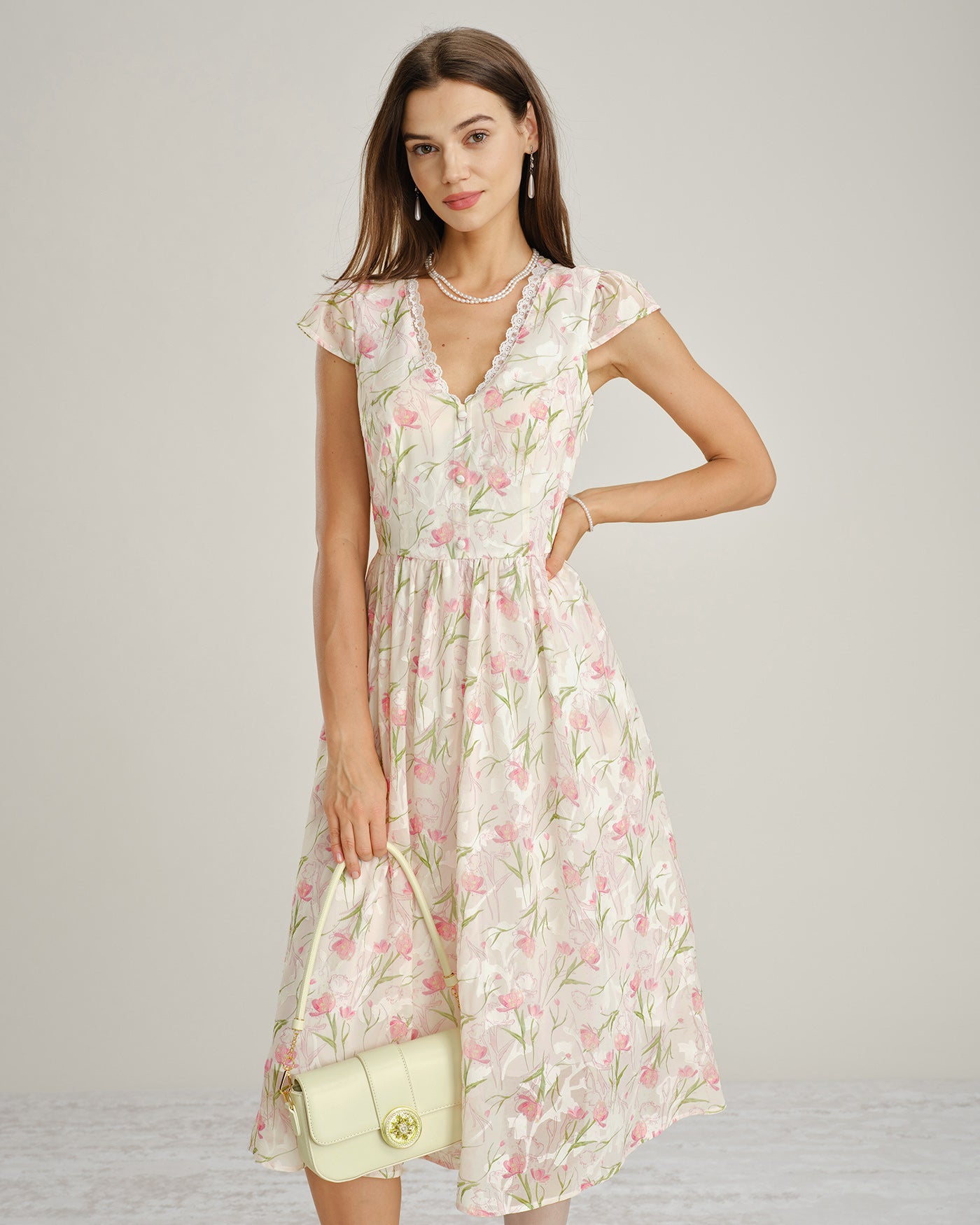 floral midi dress v neck Pink V Neck Lace Floral Midi Dress