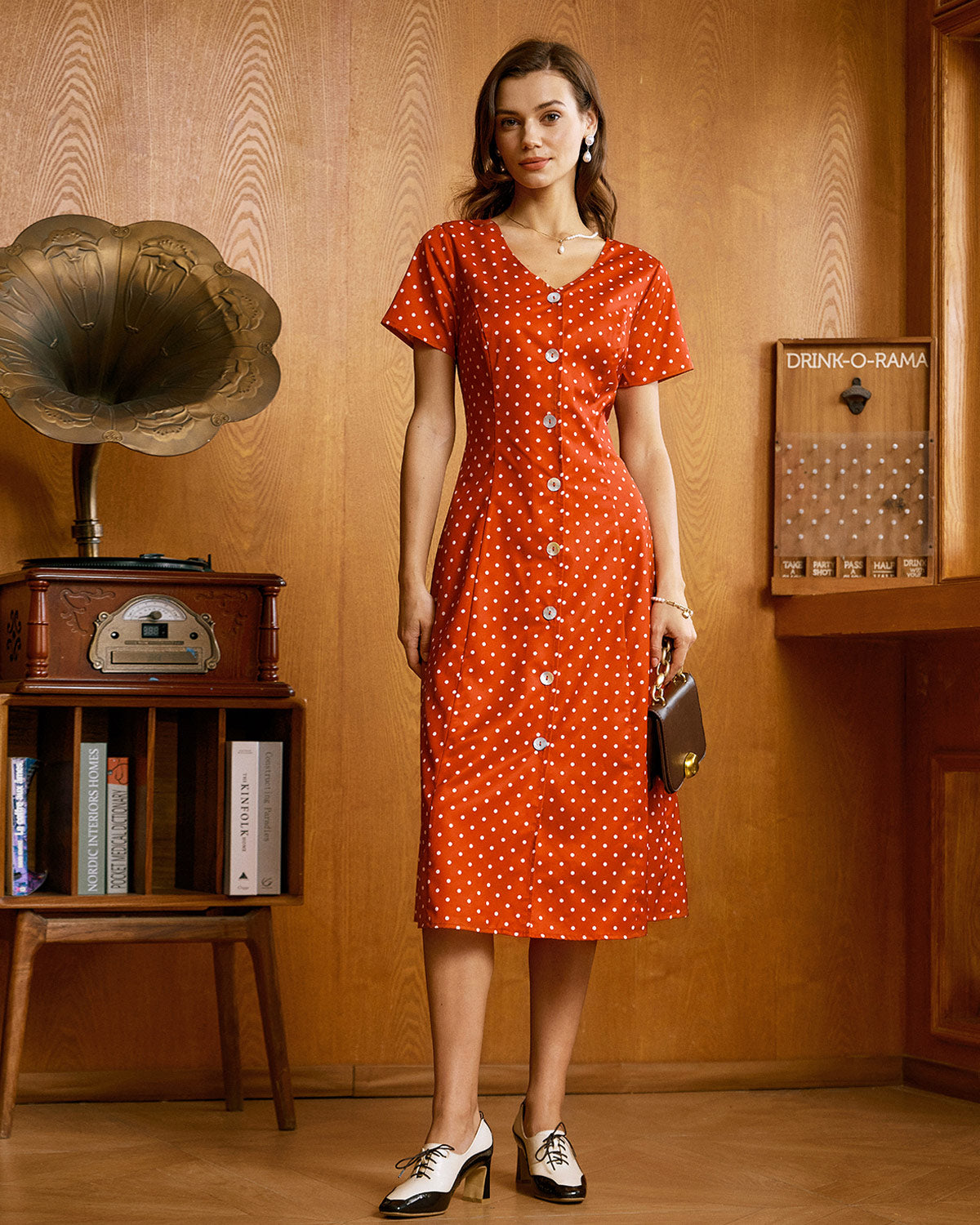 Rihoas Women's Polka Dot Button Midi Dress Retro-Inspired, Red / XS Rihoas Women's Polka Dot Button Midi Dress Retro-Inspired, Red / XS