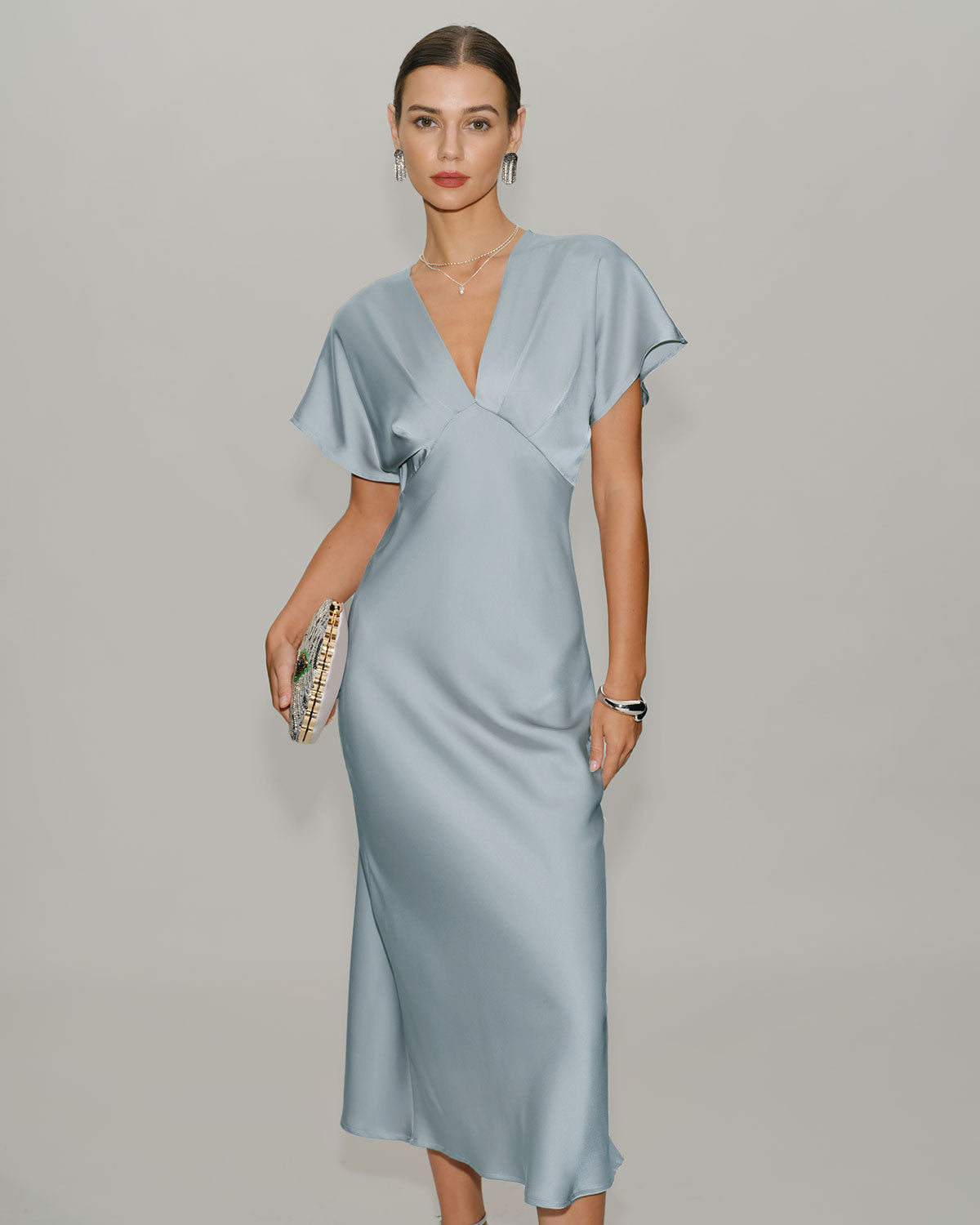 Rihoas Satin V Neck Cowl Sleeve Midi Dress | Ruched A-Line for Summer Cocktail Party, Rehearsal Dinner Guest, Wedding Guest, Blue / M Rihoas Satin V Neck Cowl Sleeve Midi Dress | Ruched A-Line for Summer Cocktail Party, Rehearsal Dinner Guest, Wedding Guest, Blue / M