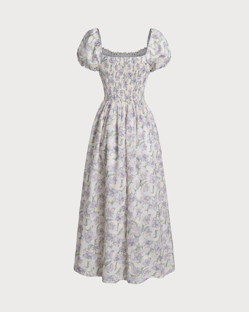 Purple Floral Square Neck Puffed Sleeve Midi Dress - RIHOAS