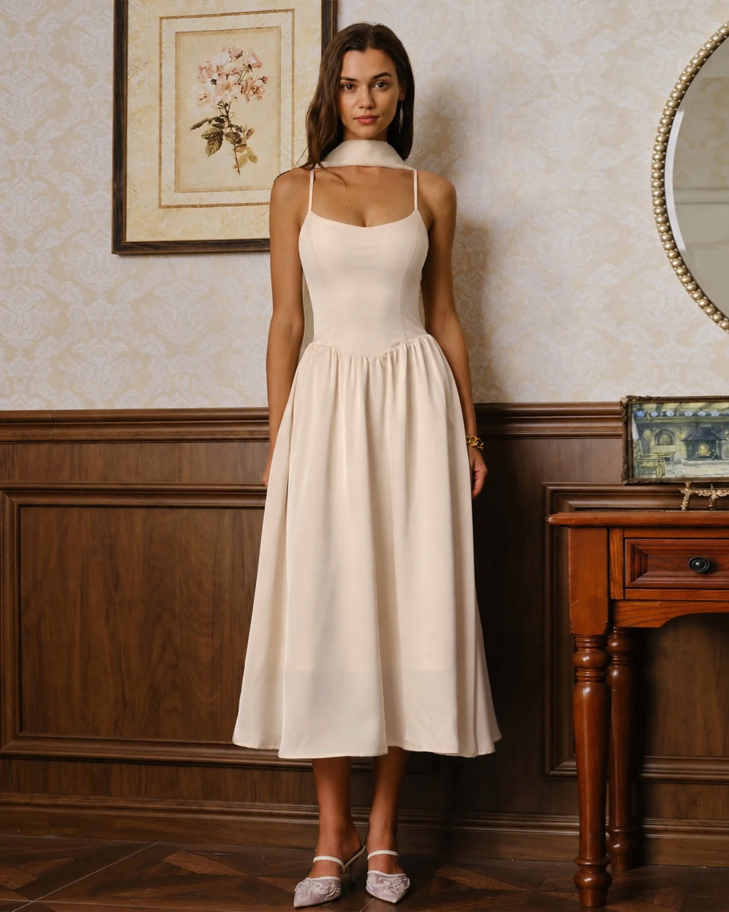 Apricot Flowy Slip Chiffon Midi Dress - RIHOAS - 03