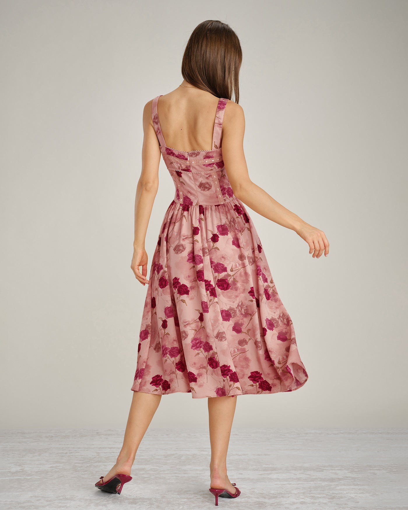Pink Square Neck Lace Floral Midi Dress & Reviews - Pink - Dresses