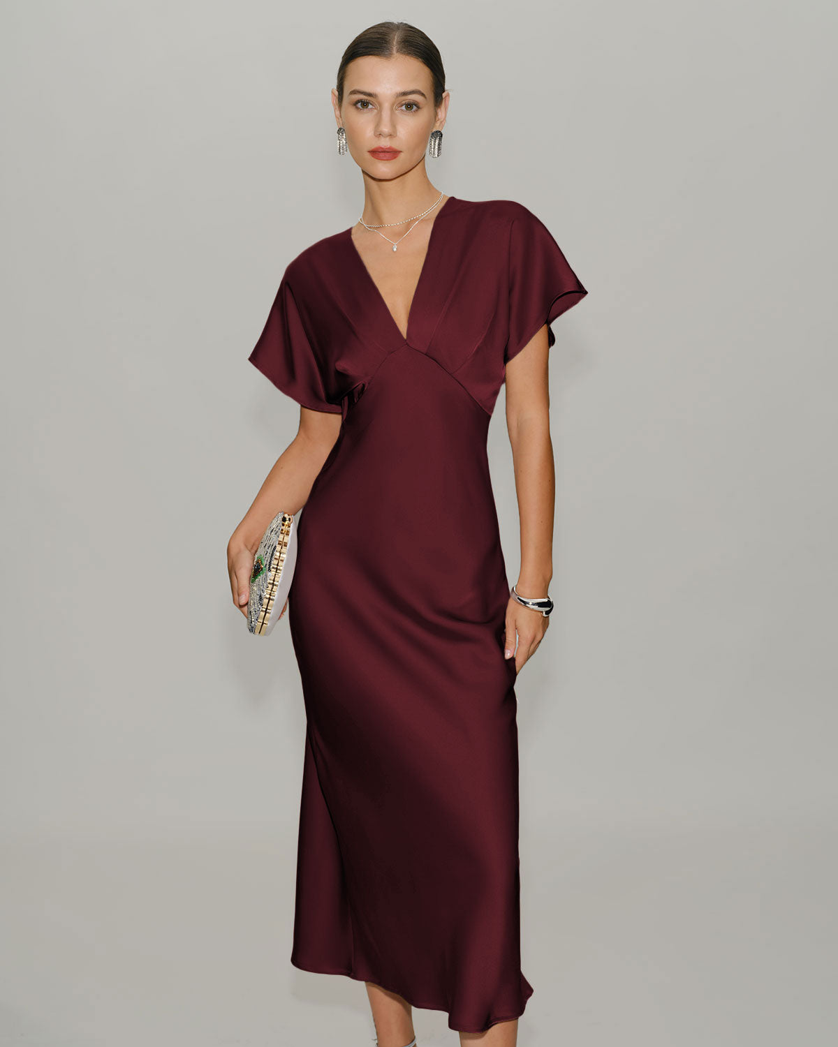Rihoas Satin V Neck Flutter Sleeve Midi Dress | A Line Dress for Wedding Guest, Cocktail Party, Party Wear, Wine Red / S Rihoas Satin V Neck Flutter Sleeve Midi Dress | A Line Dress for Wedding Guest, Cocktail Party, Party Wear, Wine Red / S