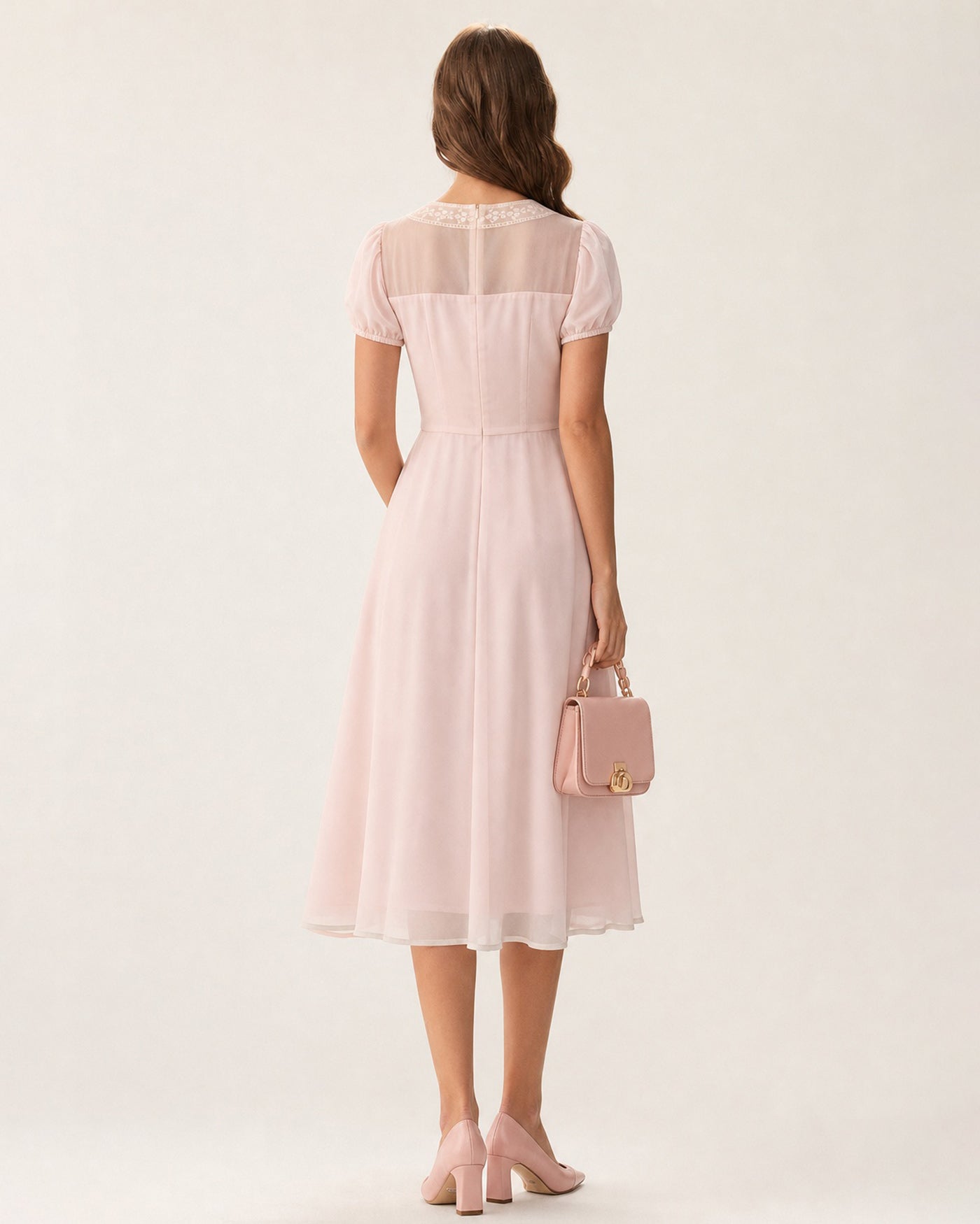 Pink Square Neck Lace Chiffon Midi Dress & Reviews - Pink - Dresses