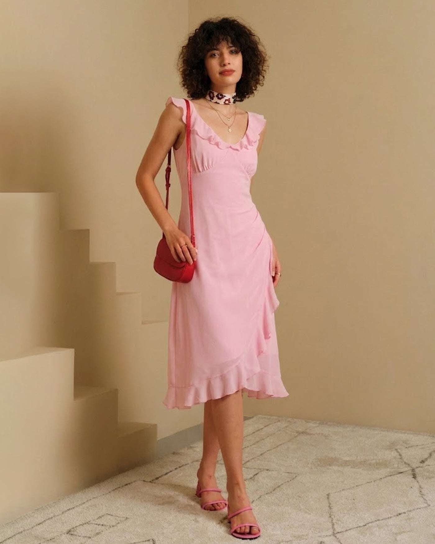 midi pink dresses Rihoas Women's V-Neck Ruffle Sleeveless Midi Dress, Pink / L