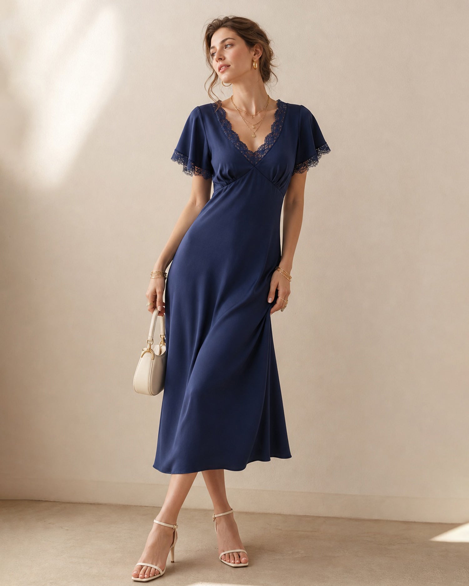 Navy V Neck Lace Satin Midi Dress - RIHOAS - 01
