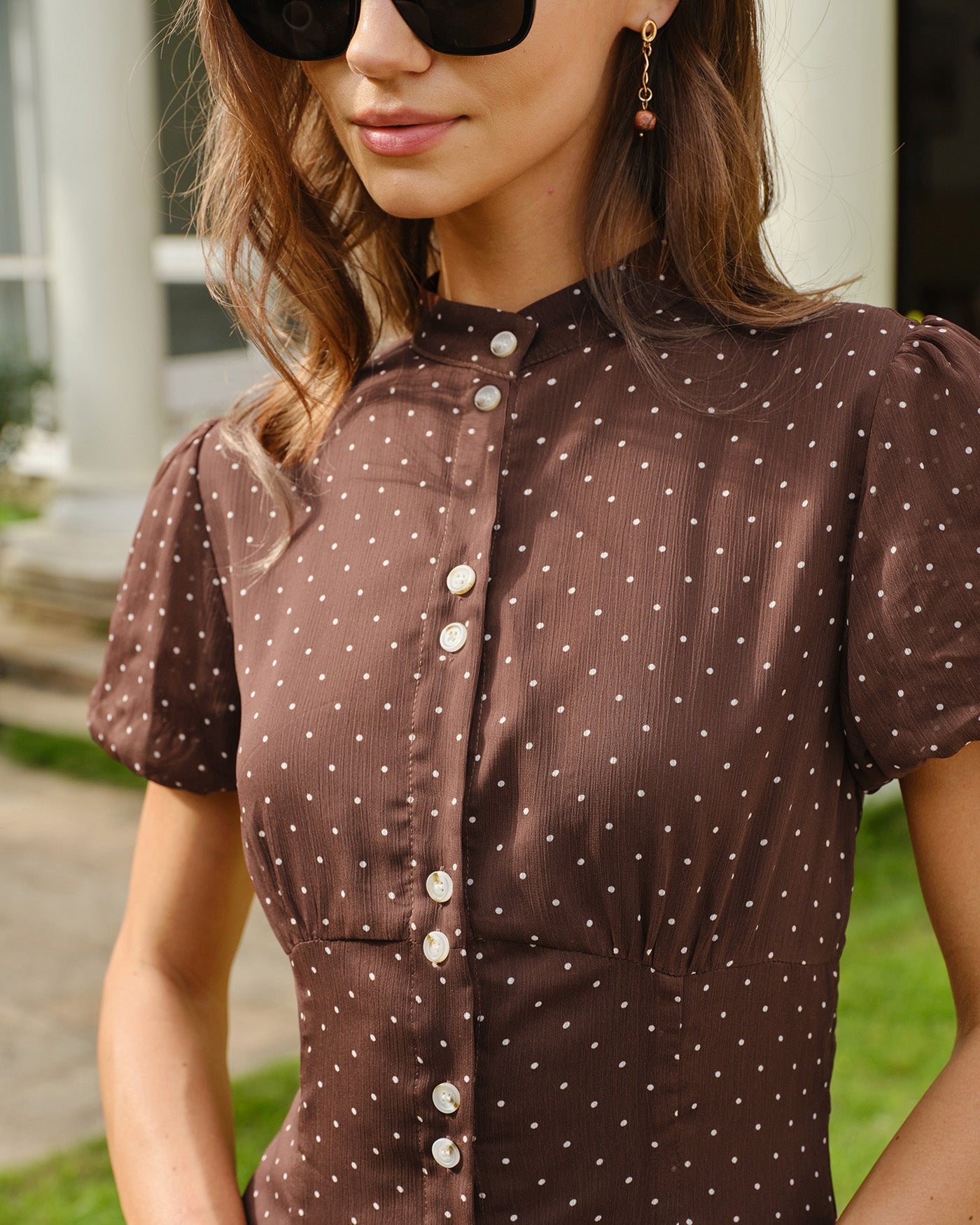 Brown Polka Dot Chiffon Midi Dress 02