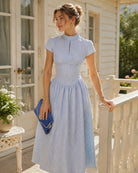 Blue Mock Neck Striped Midi Dress - RIHOAS - 01