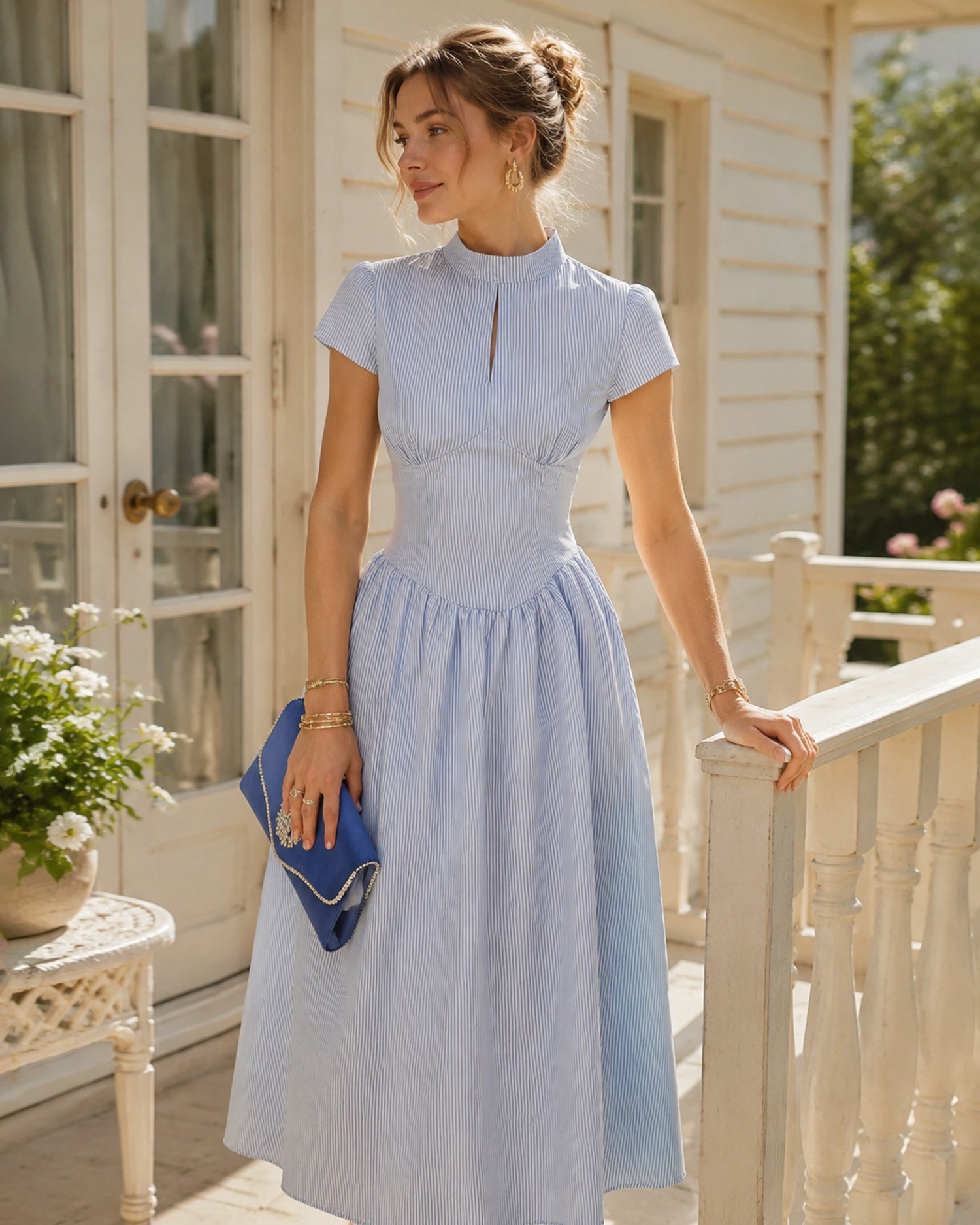 Blue Mock Neck Striped Midi Dress - RIHOAS - 01