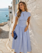 Blue Mock Neck Striped Midi Dress - RIHOAS - 02