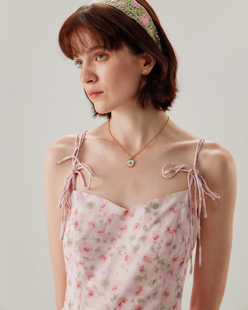 Pink Floral Shirred Slip Midi Dress - RIHOAS
