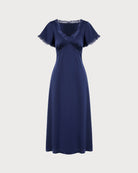 Navy V Neck Lace Satin Midi Dress 01