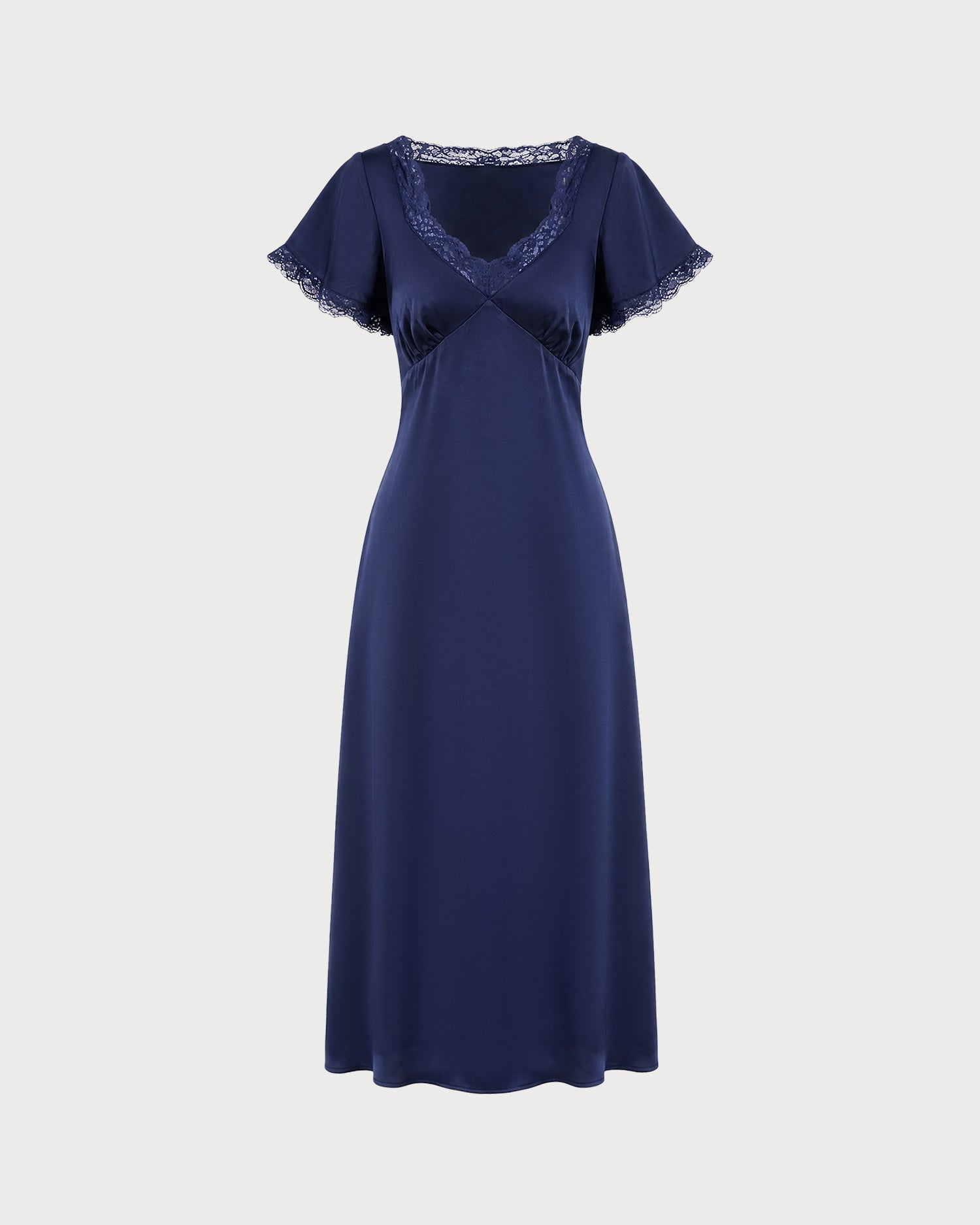 Navy V Neck Lace Satin Midi Dress 01
