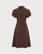 Brown Puffed Sleeve Ruched Midi Dress 06