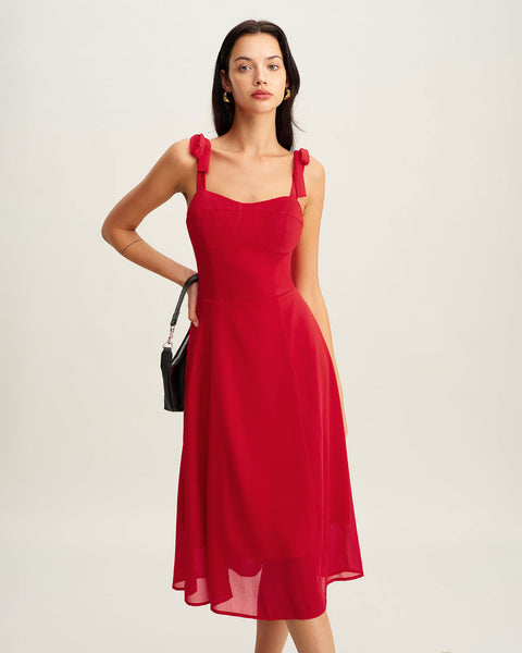 Red Sweetheart Neck Tie Strap Midi Dress & Reviews - Red - Dresses